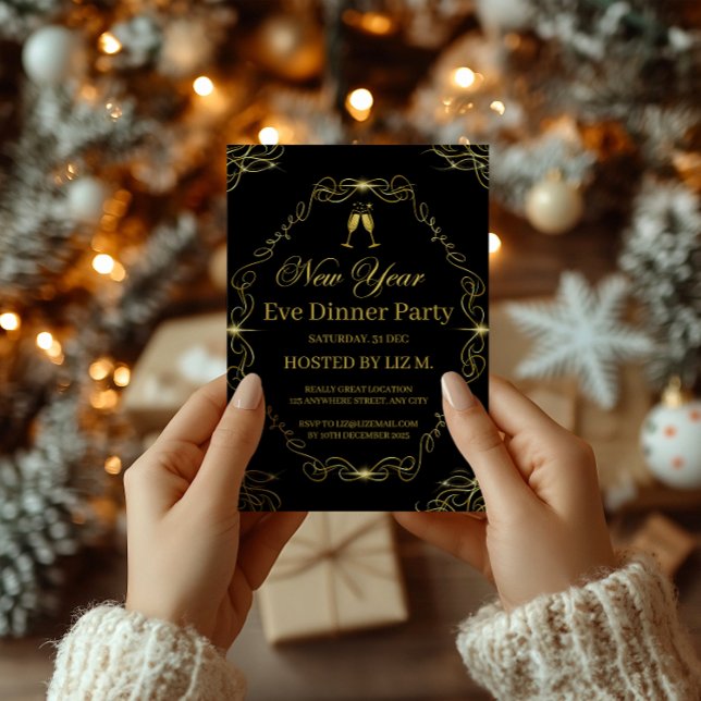 Modern svart-guld nyårsfest inbjudningar (Modern Black-Gold New Year's Eve Party Invitation!)