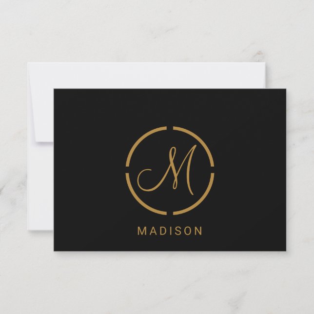 Modern svart Guld-platta monogram-kort för Logotyp Anteckningskort (Framsida)