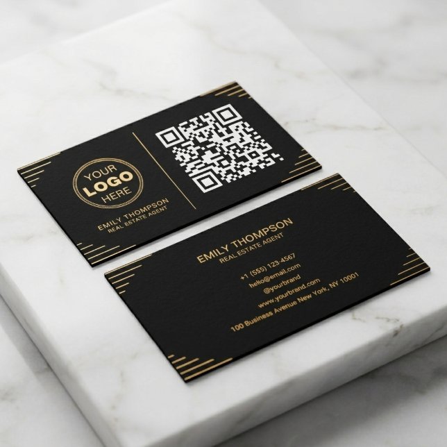 Modern svart & guld QR-kod | Lyx Art Deco Visitkort (The Future of Networking: Luxury Art Deco QR Code Business CardThe Future of Networking: Luxury Art )