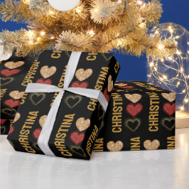 Modern svart guld & röda hjärtan namn Alla hjärtan Presentpapper