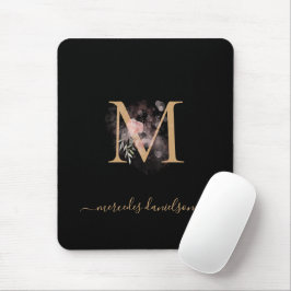 Modern svart guld roséblommig monogram musmatta