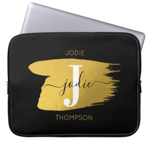 Modern svart & Guld-skript, Monogram - initialt Laptop Fodral