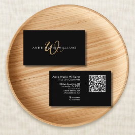 Modern svart guld skript monogram QR-kod Visitkort