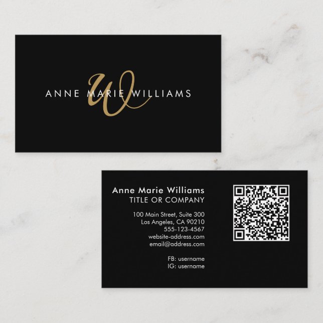 Modern svart guld skript monogram QR-kod Visitkort (Fram/baksida)