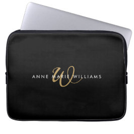 Modern svart guld skriptmonogram laptop fodral
