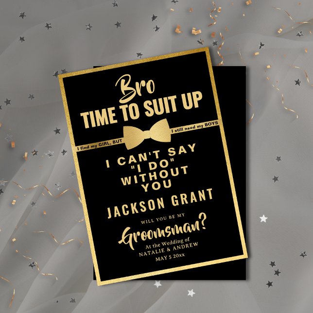 Modern svart & guld Smoking kostym för bröllopsman Inbjudningar (Modern Black & Gold Tuxedo Suit Up Groomsman Invitation)