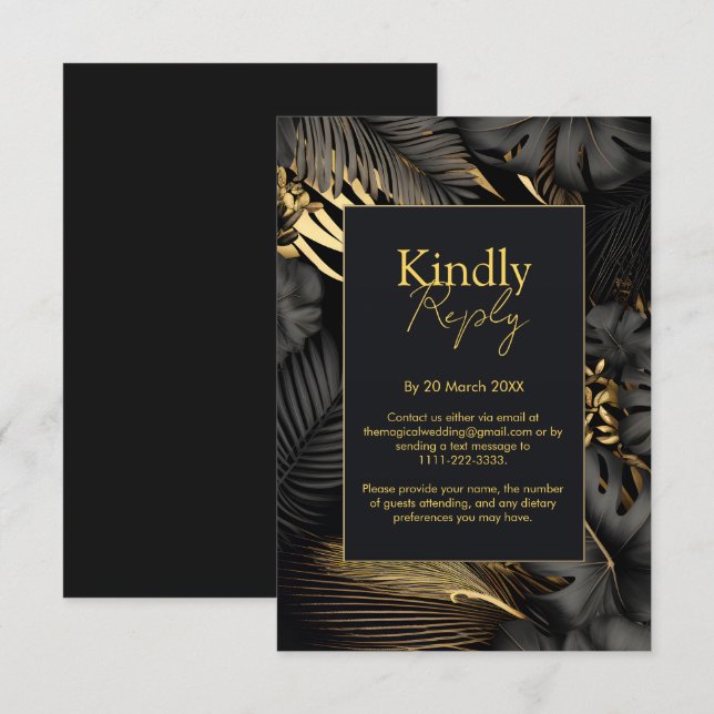 Modern Svart Guld Tropiska Blad Bröllop OSA Kort (Fram/baksida)