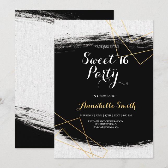 Modern svart & Guld vattenfärg Geometric söt 16 Inbjudningar (Fram/baksida)