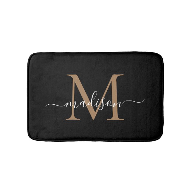 Modern svart guld vit monogram skrivstil namn badrumsmatta (Framsidan)