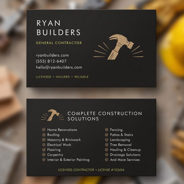 Modern svart guldhammare anpassad konstruktion visitkort (Construction Modern Black Gold Hammer Custom Business Card)