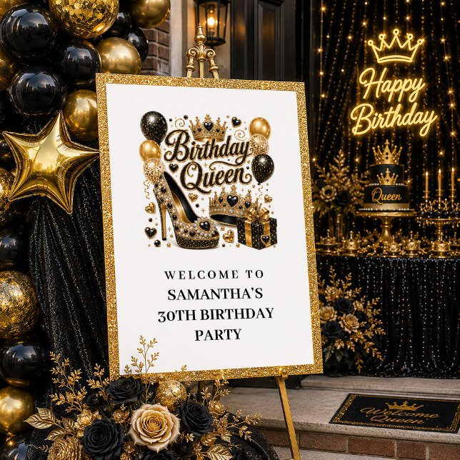 Modern svart guldkonfetti födelsedagsdrottning väl poster (Modern Black Gold Confetti Birthday Queen Welcome Sign

)