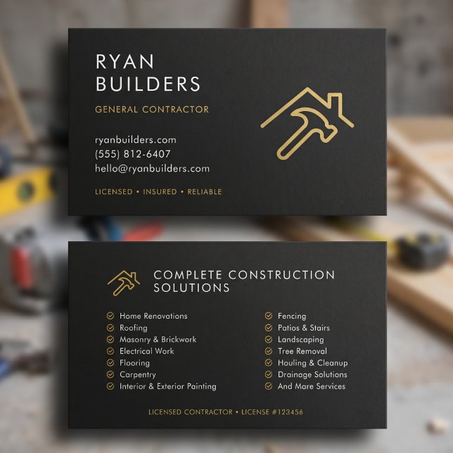 Modern svart guldlogotyp för konstruktion visitkort (Construction Modern Black Gold Logo Business Card)