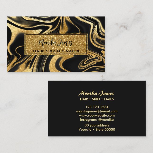 Modern svart guldmarmor glitter guld skönhetssalon visitkort (Fram/baksida)