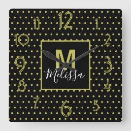 Modern svart gyllene cirkel Mönster Monogram Fyrkantig Klocka