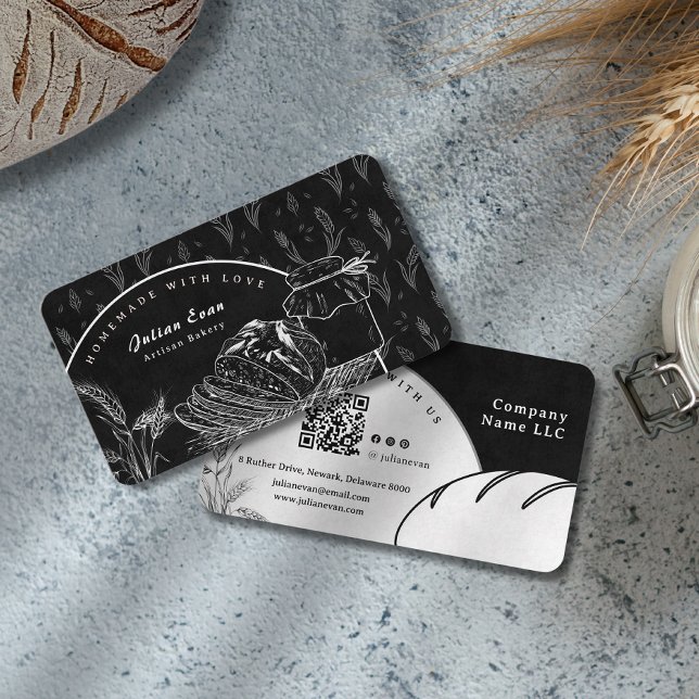 Modern svart handskiss surdeg hembakat bröd visitkort (Modern Black Hand Sketch Sourdough Homemade Bread Business Card)