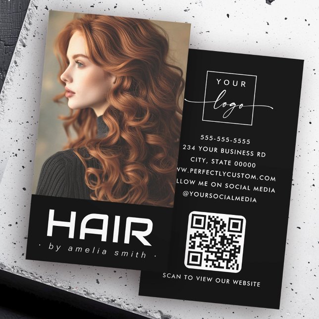 Modern svart hårfrisör, stylist visitkort (Modern black hair hairdresser stylist business card)