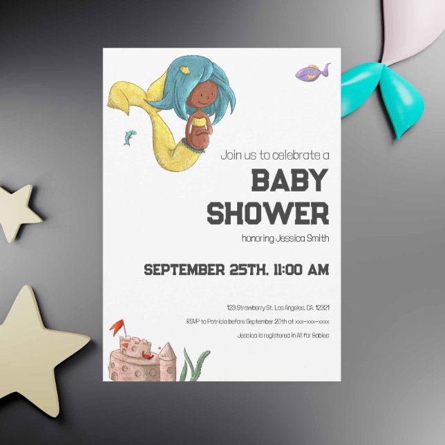 Modern Svart Havsfröken Gravid Könsneutrala Bebisf Inbjudningar (Cute Black pregnant mermaid gender neutral baby shower in yellow and blue colors. Exclusive design.)