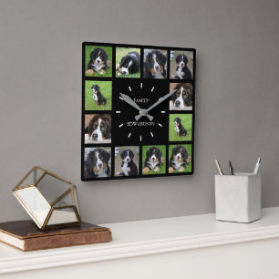Modern svart hund fotokollage-familj namn fyrkantig klocka