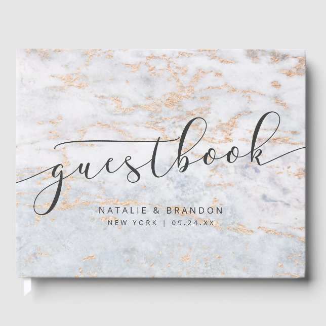 Modern svart i blå med kopparbröllop gästböcker (Framsida)
