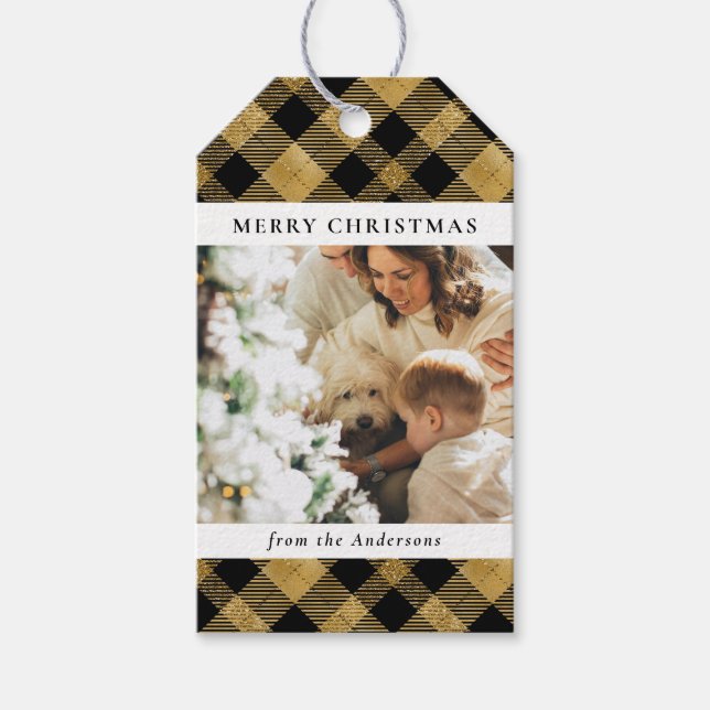 Modern svart julfamiljfoto i Guld Play Presentetikett (Framsidan)