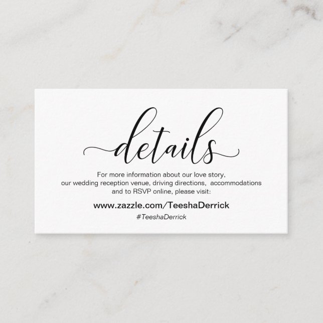 Modern svart kalligrafi, Bröllopsdetaljer Tilläggskort (Framsida)