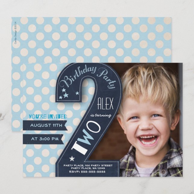 Modern svart kartong och blå punkt andra födelseda inbjudningar (Fram/baksida)