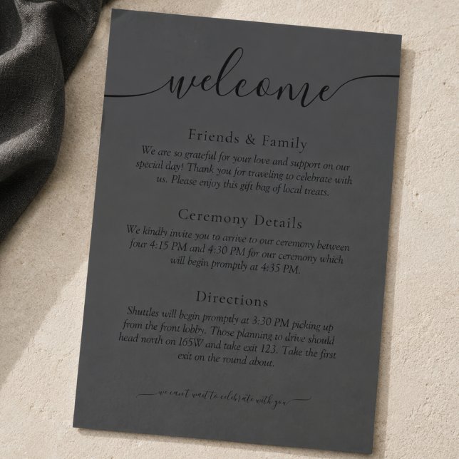 Modern Svart & Kolgrå Bröllopshälsning Program (Modern Black & Charcoal Wedding Welcome Program)
