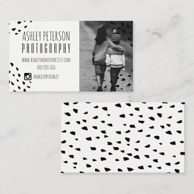 Modern svart konfettipolka dotsfotografi 2 visitkort (Fram/baksida)