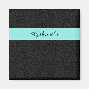 Modern svart leopard Skriv ut Aqua Rand med Namn Magnet