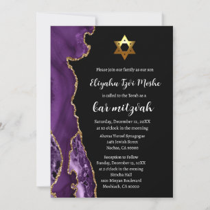 Modern svart lila och guld Bar Mitzvah Inbjudningar