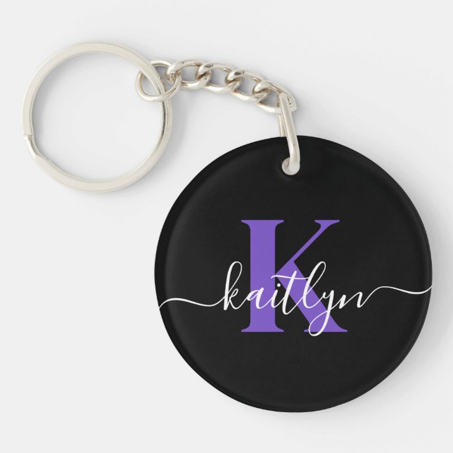 Modern Svart Lila Skript Monogram (Framsidan)