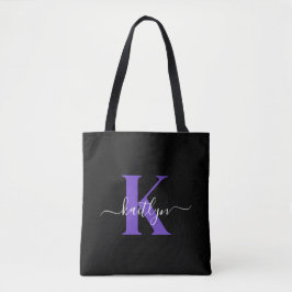 Modern Svart Lila Skript Monogram Tygkasse