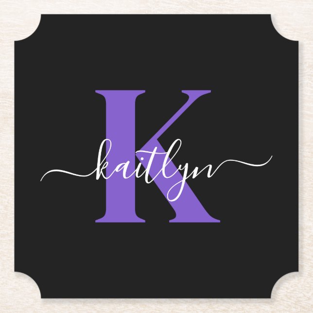 Modern Svart Lila Skript Monogram Underlägg Papper (Framsida)
