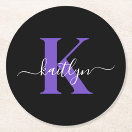 Modern Svart Lila Skript Monogram Underlägg Papper Rund