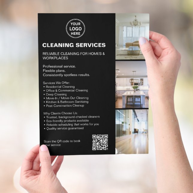 Modern svart logotyp för rengöringstjänster med QR Flygblad (Modern Black Cleaning Services Photo Logo QR Flyer)