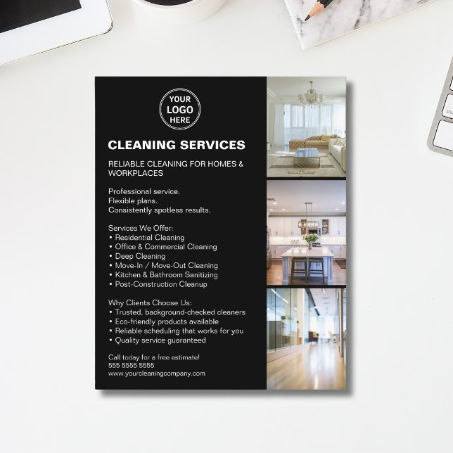 Modern Svart Logotyp för Städtjänster Flygblad (Modern Cleaning Services Photo Logo Black Flyer)
