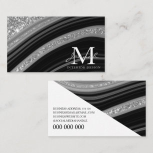 Modern svart marble Agate Monogram Silver Glitter Visitkort