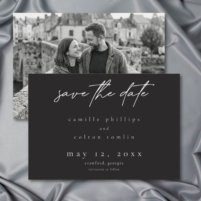 Modern svart minimal typografi foto bröllop spara datumet (Modern Black Minimal Typography Photo Wedding Save The Date)