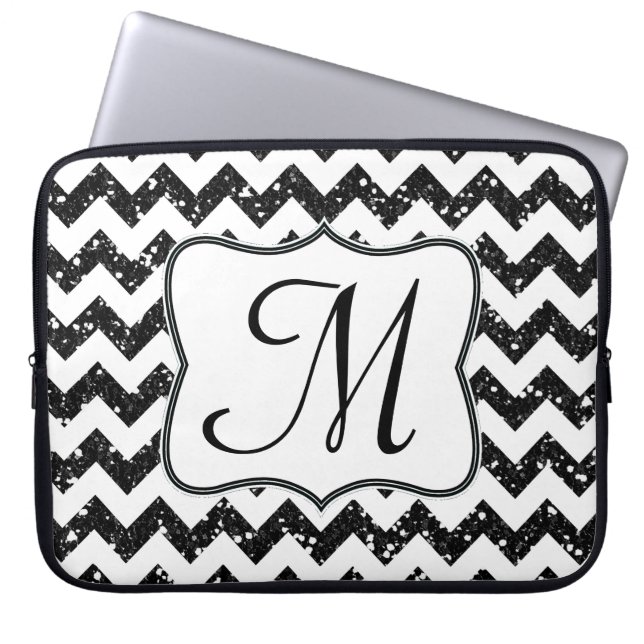 Modern svart, monogram, 15-tums bärbar dator, Fodr Laptop Sleeve (Framsidan)
