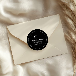 Modern svart monogram bröllop tack runt klistermärke