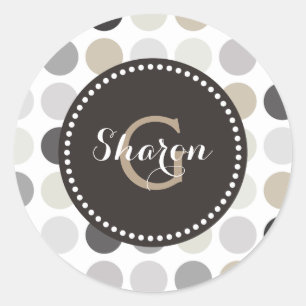 Modern svart monogram för vitpolka dotsmönster runt klistermärke