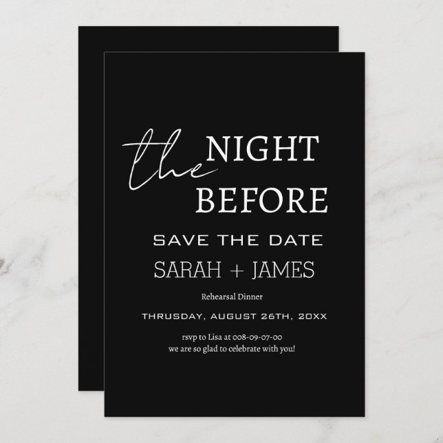 Modern svart natten före repetitionsmiddagen spara datumet (Fram/baksida)