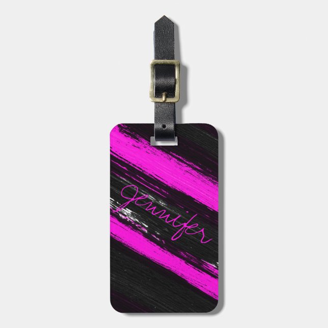 Modern svart neon rosa penseldrag monogram resväsk bagagebricka (Vertikal Framsida)