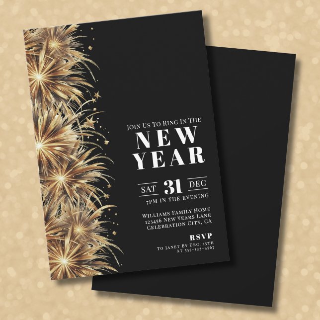 Modern Svart Nyårsfestival Inbjudningar (Modern Black Gold New Year's Eve Party Invitation)