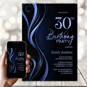 Modern Svart och Blå 30-års Födelsedagsfest Inbjudningar