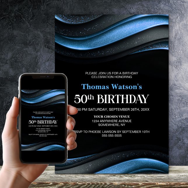 Modern Svart och Blå 50-årsfest Inbjudningar (Skapare uppladdad)