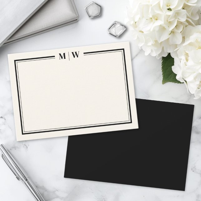 Modern svart och elfenbens minimalistisk monogram anteckningskort (Modern Black And Ivory Minimalist Monogram Note Card)