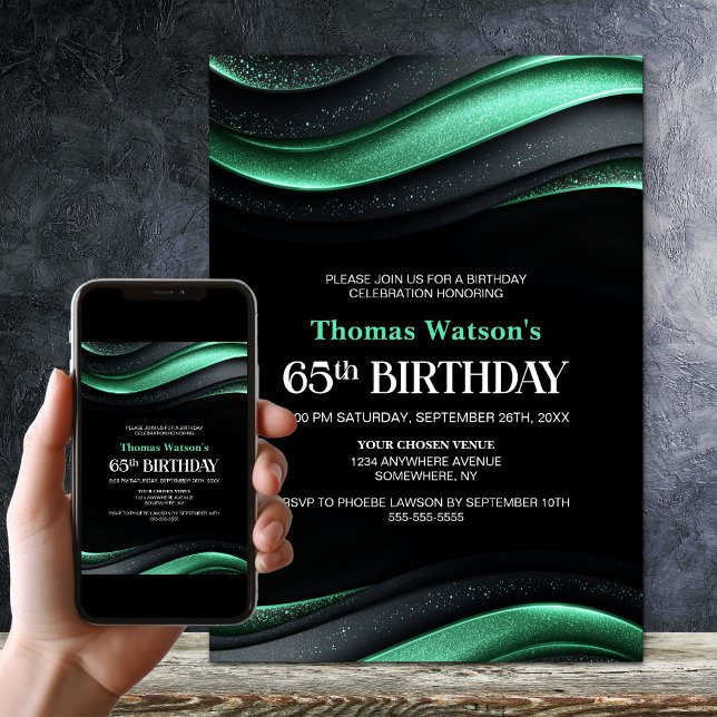 Modern Svart och Grön 65-års Födelsedagsfest Inbjudningar (Skapare uppladdad)