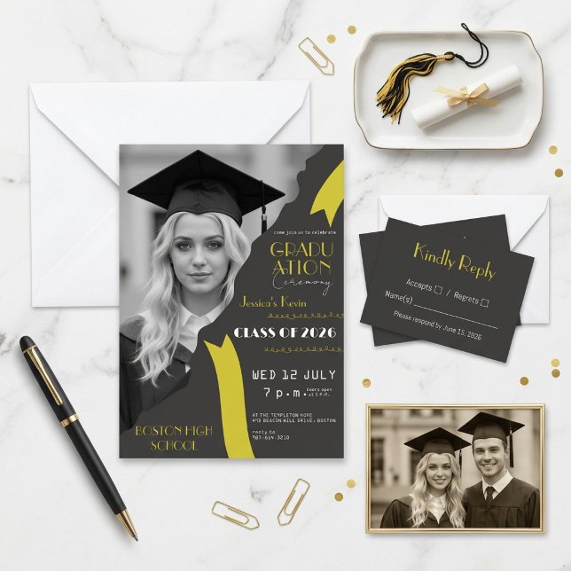 🎓 Modern svart och gul studentexamen  Inbjudningar (Skapare uppladdad)