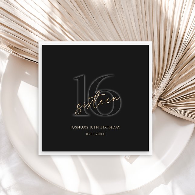 Modern Svart och Guld 16-års Födelsedagsfest Pappersservett (Modern Black and Gold 16th Birthday Party Napkins)